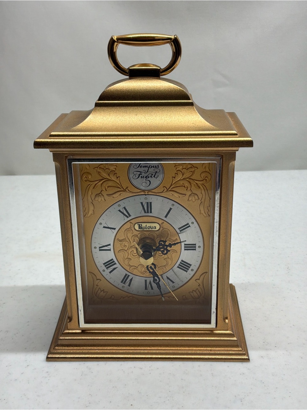 Vintage Bulova Tempus Fugit Mantel Brass Gold Tone Clock Japan No. 7RG050